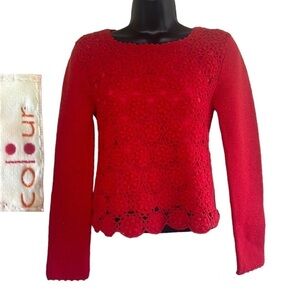 Rare🧚‍♀️Colour Bright Red Crochet Knit Merino Wool Blend Sweater Top Size M